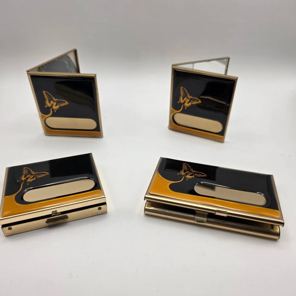 Vtg MCM Butterfly Enamel Vanity Set 4pc Pill Box Card Case Mirror‎ Picture Frame